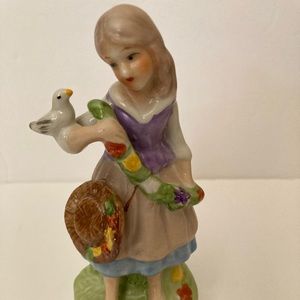 Girl figure hand With Bird And Hat painted bisque porcelain 5.5.